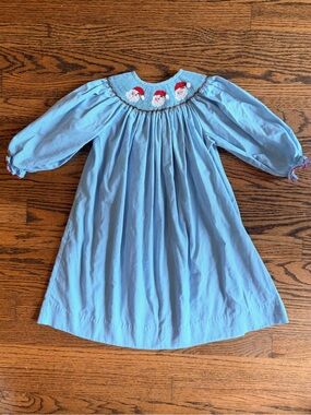 Be Mine Blue Gingham Smocked Santa Long Sleeve Dress, Size 3T